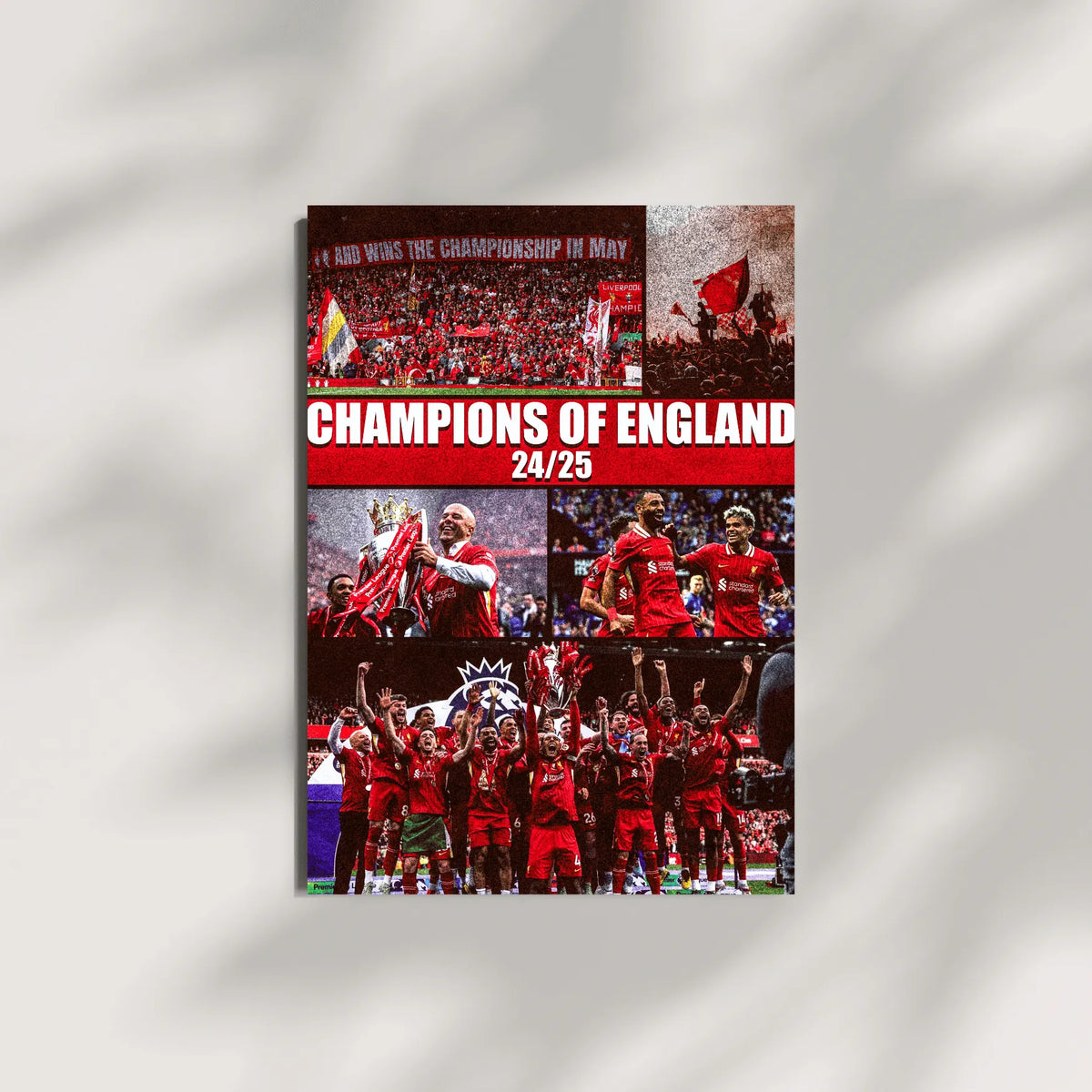 Minimalist Liverpool FC Premier League Champions 24/25 poster mockup with shadow overlay