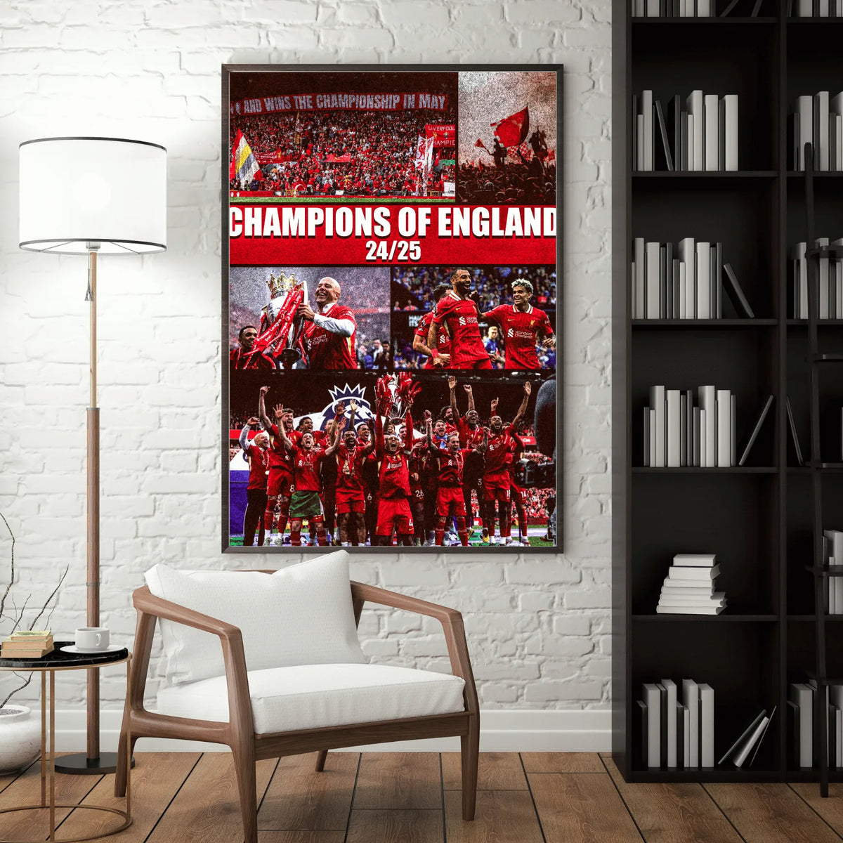 Liverpool FC Premier League Champions 2024/25 framed wall art in a modern living room setting