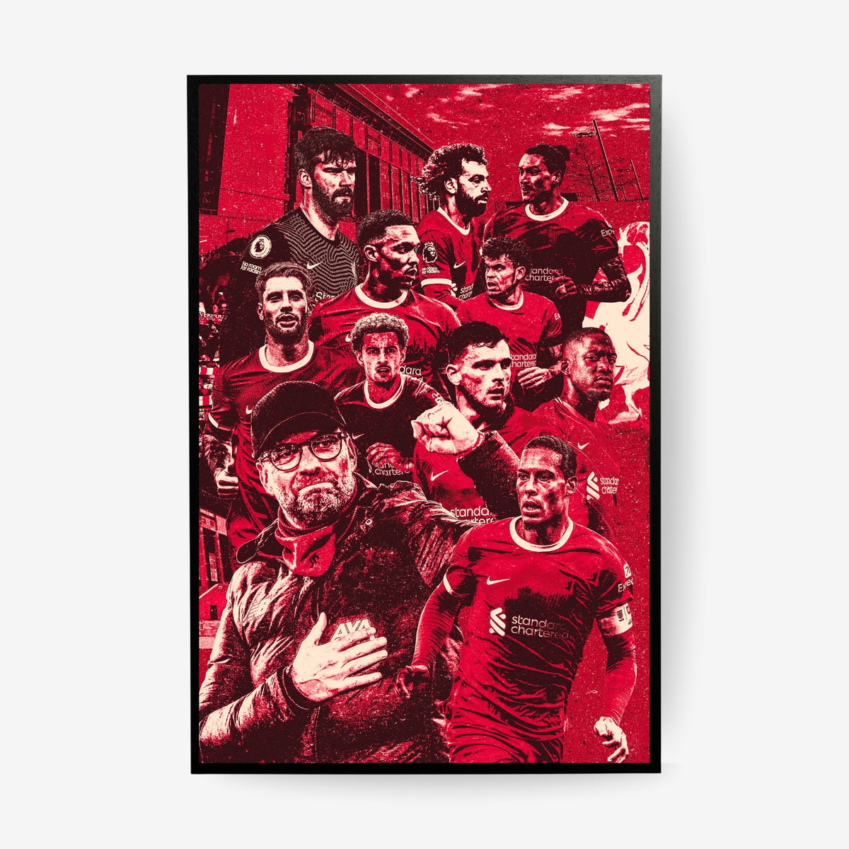 Liverpool FC team poster in a black frame featuring Jürgen Klopp and Liverpool players in a red collage design