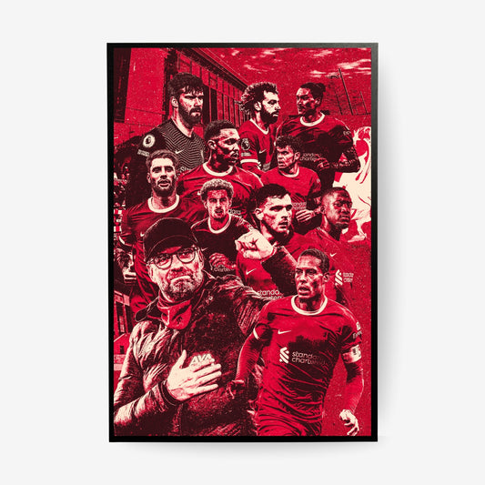 Liverpool FC team poster in a black frame featuring Jürgen Klopp and Liverpool players in a red collage design