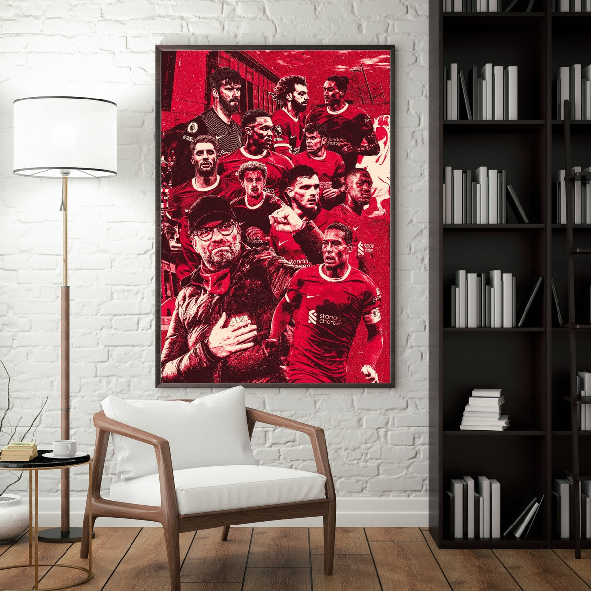 Liverpool FC team poster displayed in a modern interior with a dark frame