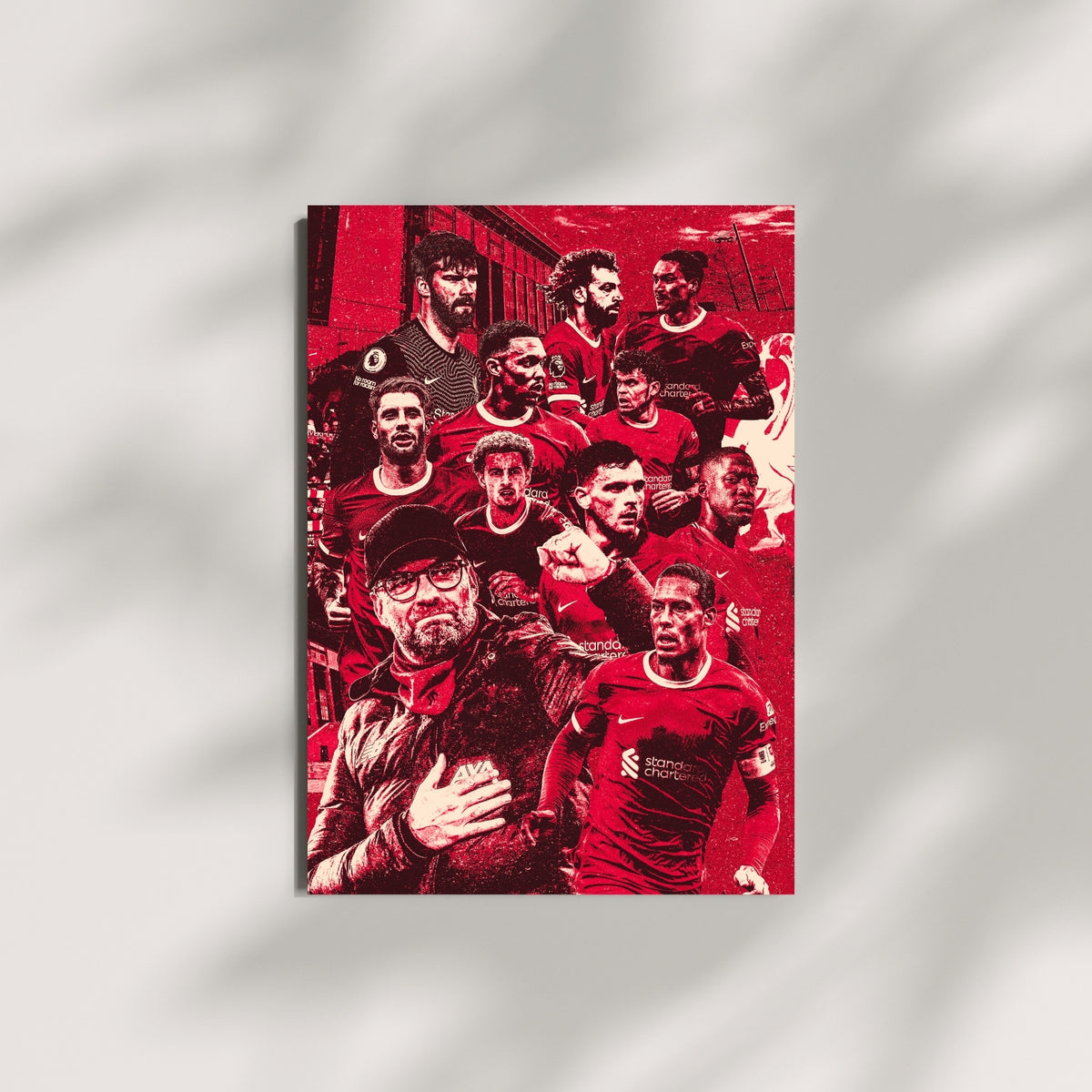 Liverpool FC wall art featuring Jürgen Klopp and players displayed on a minimalist wall