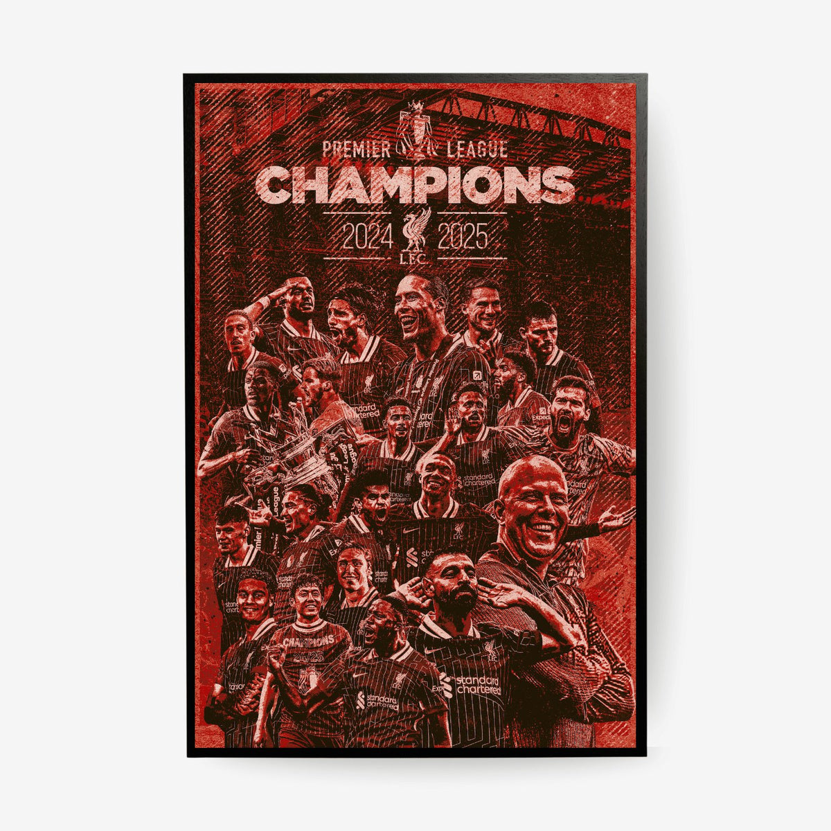 Poster celebrating Liverpool FC as Premier League Champions for 2024 and 2025, featuring a collage of players.