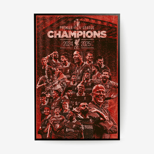 Poster celebrating Liverpool FC as Premier League Champions for 2024 and 2025, featuring a collage of players.
