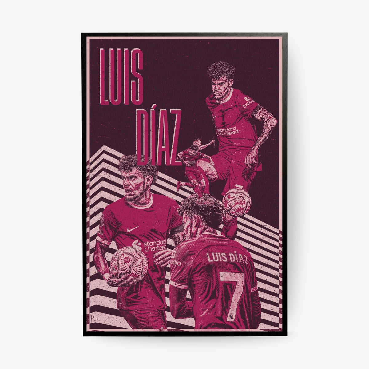 Luis Díaz Liverpool poster in a black frame featuring a pink and burgundy football collage design