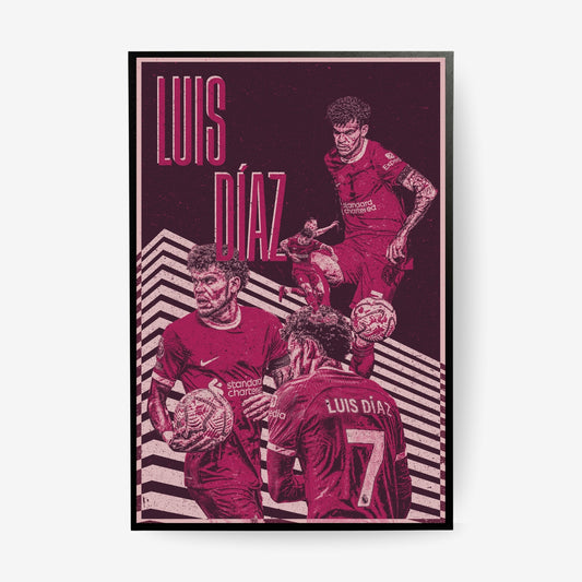 Luis Díaz Liverpool poster in a black frame featuring a pink and burgundy football collage design
