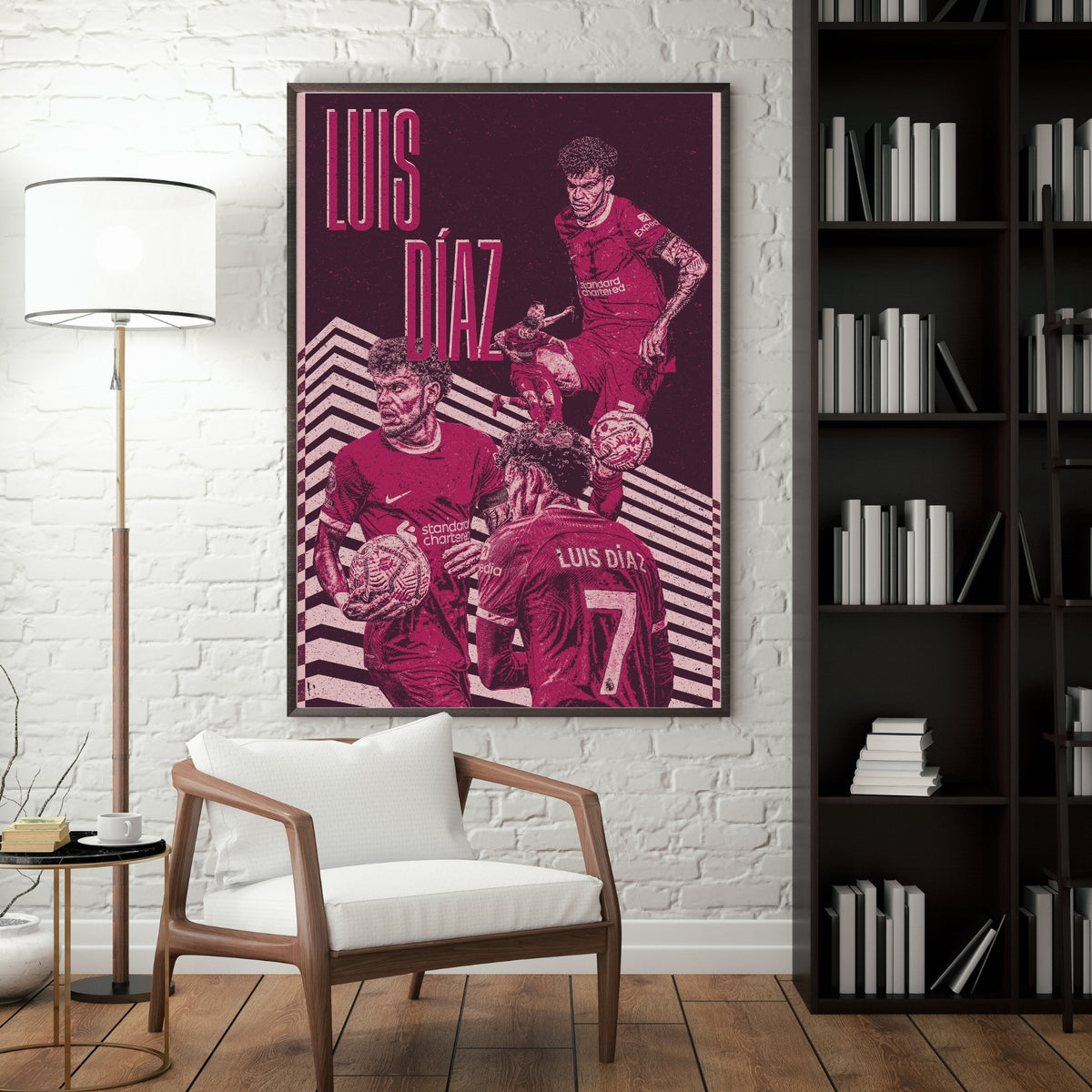 Luis Díaz Liverpool poster displayed in a modern interior with a dark frame