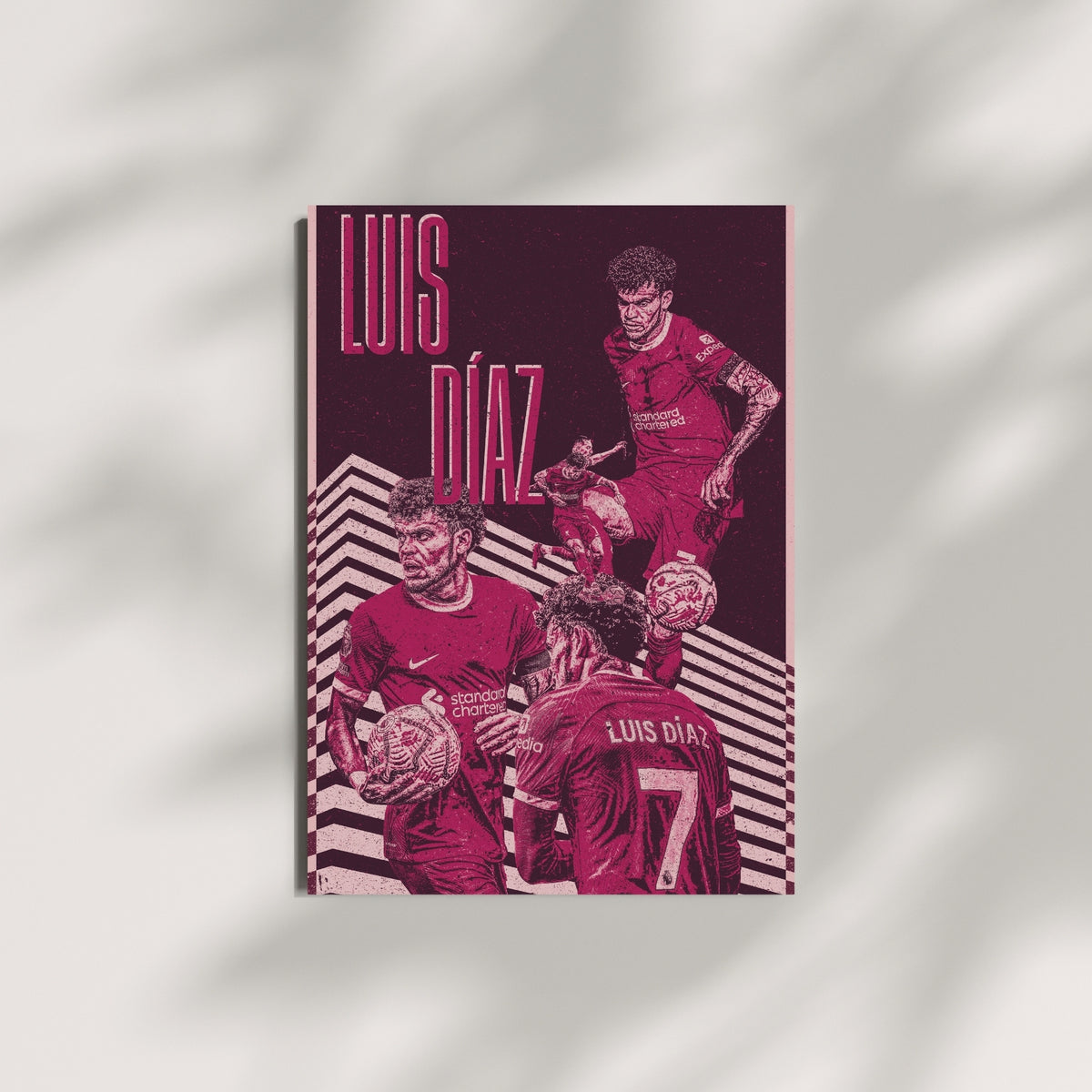Luis Díaz Liverpool wall art displayed on a minimalist wall with a pink and burgundy design