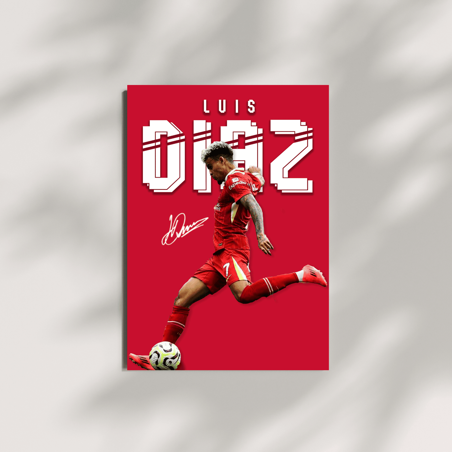 Soccer player in red uniform with 'Luis Diaz' on a red background
