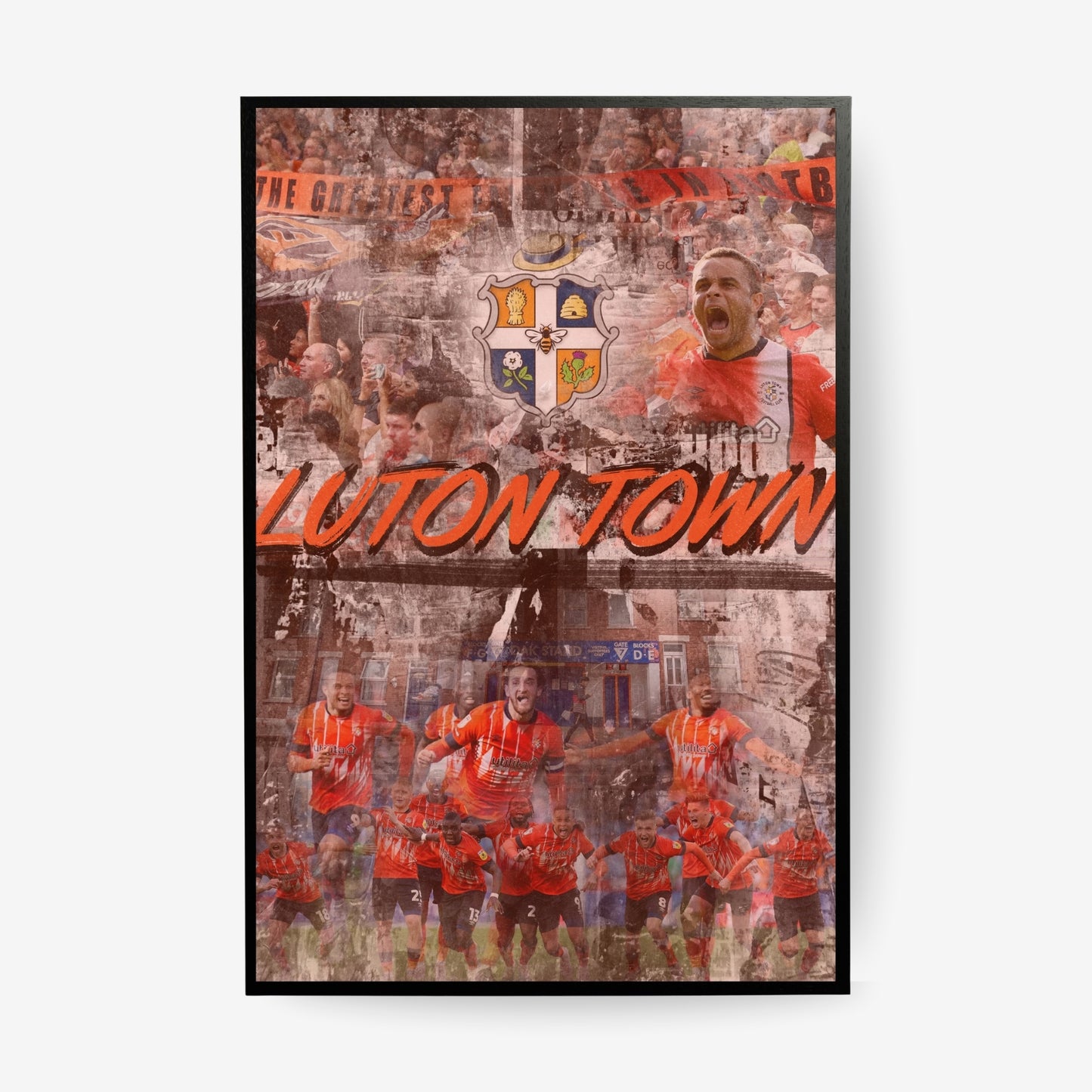 Luton Town football poster in a black frame featuring a vintage Hatters inspired collage design