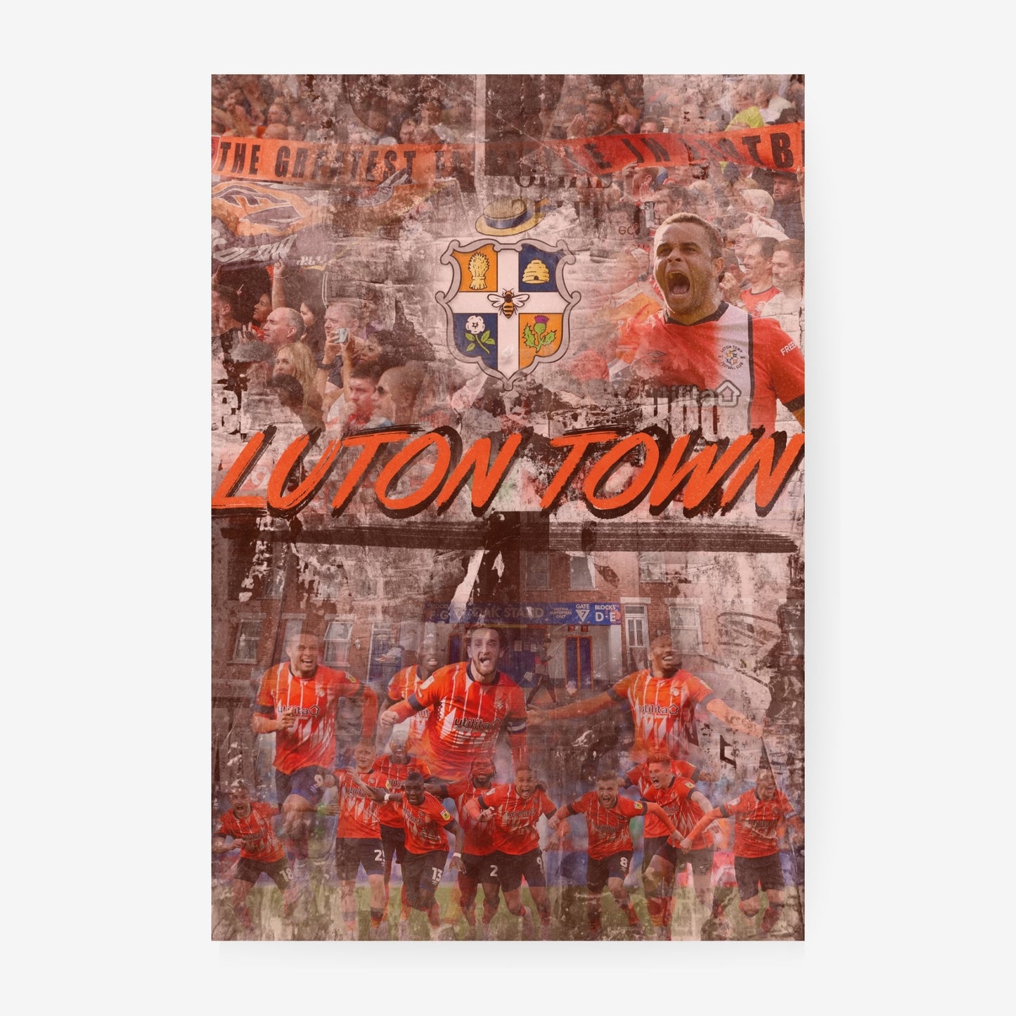 Luton Town football poster featuring players supporters and club inspired vintage collage artwork