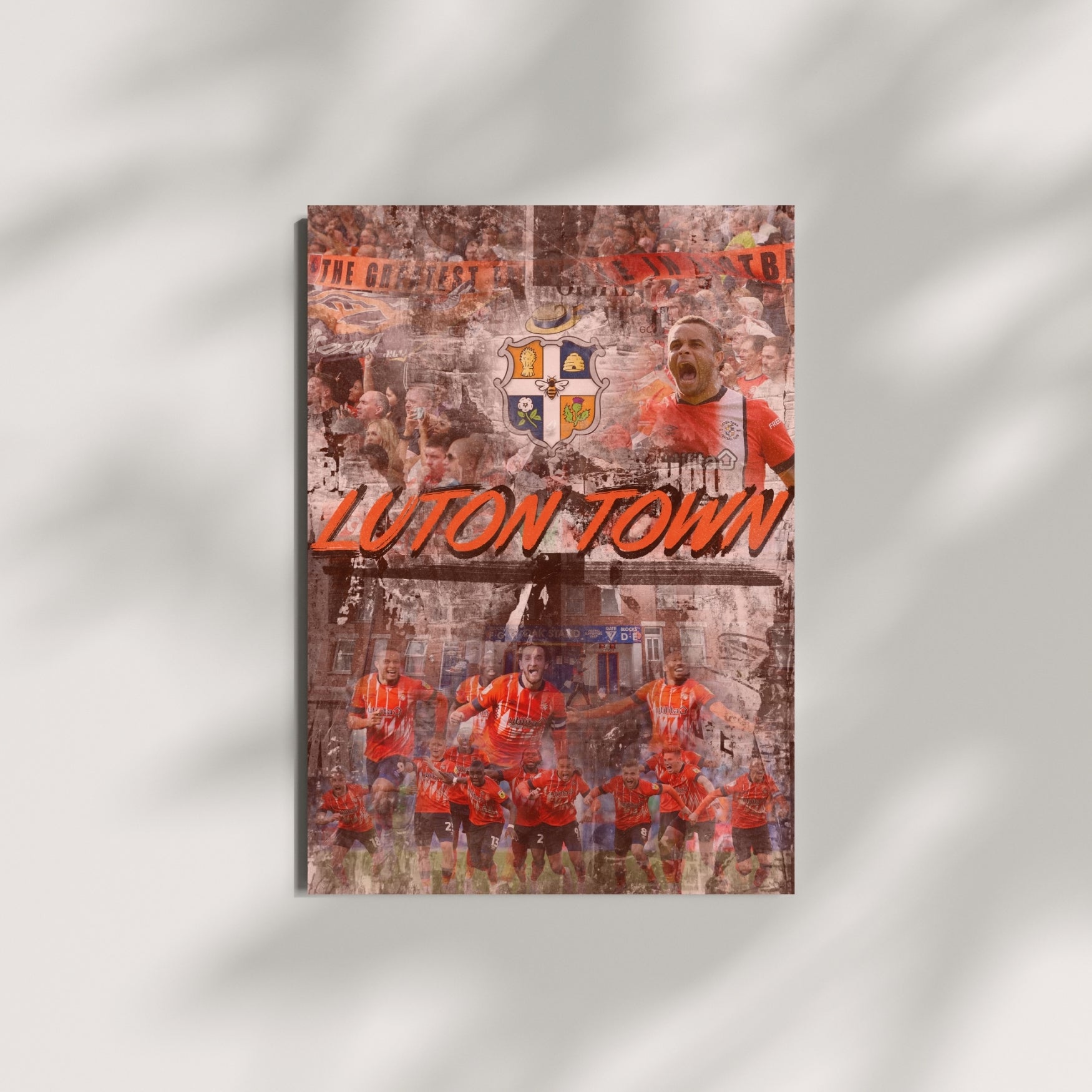 Luton Town football wall art featuring a retro orange and white football collage poster design