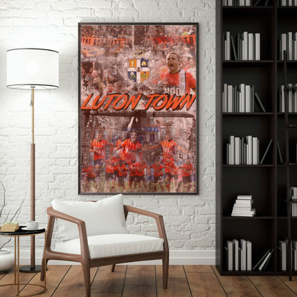 Luton Town football poster displayed in a modern interior with a dark frame