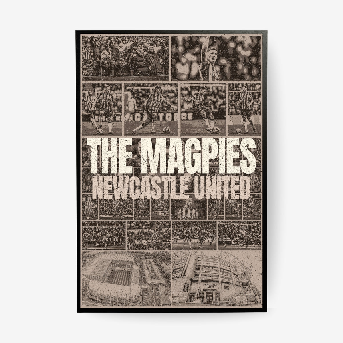 Newcastle United football poster in a black frame featuring players fans and St James Park