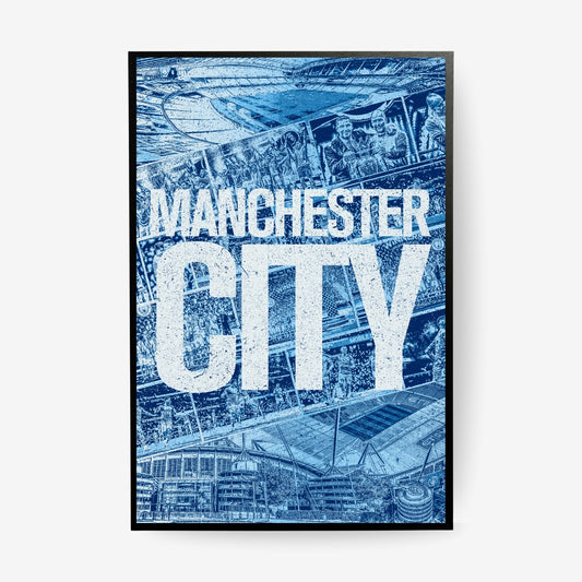 Manchester City football poster in a black frame featuring Etihad Stadium, club celebrations and bold Manchester City typography