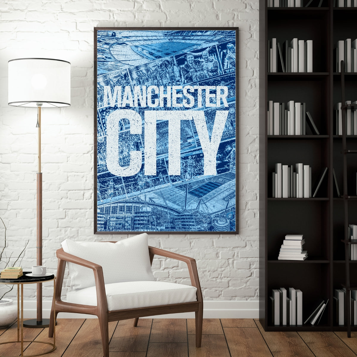 Manchester City Etihad Stadium poster displayed in a modern interior with blue football artwork