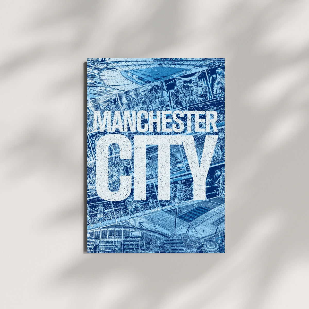 Manchester City Etihad Stadium wall art with bold typography and blue vintage football collage design