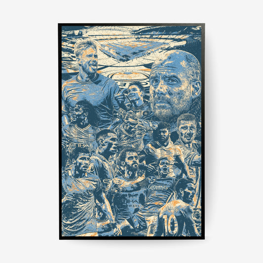 Manchester City legends football poster in a black frame featuring iconic players and Pep Guardiola in a vintage blue design