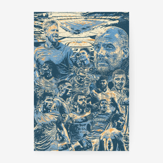 Manchester City legends poster featuring iconic players and Pep Guardiola in a blue vintage football collage