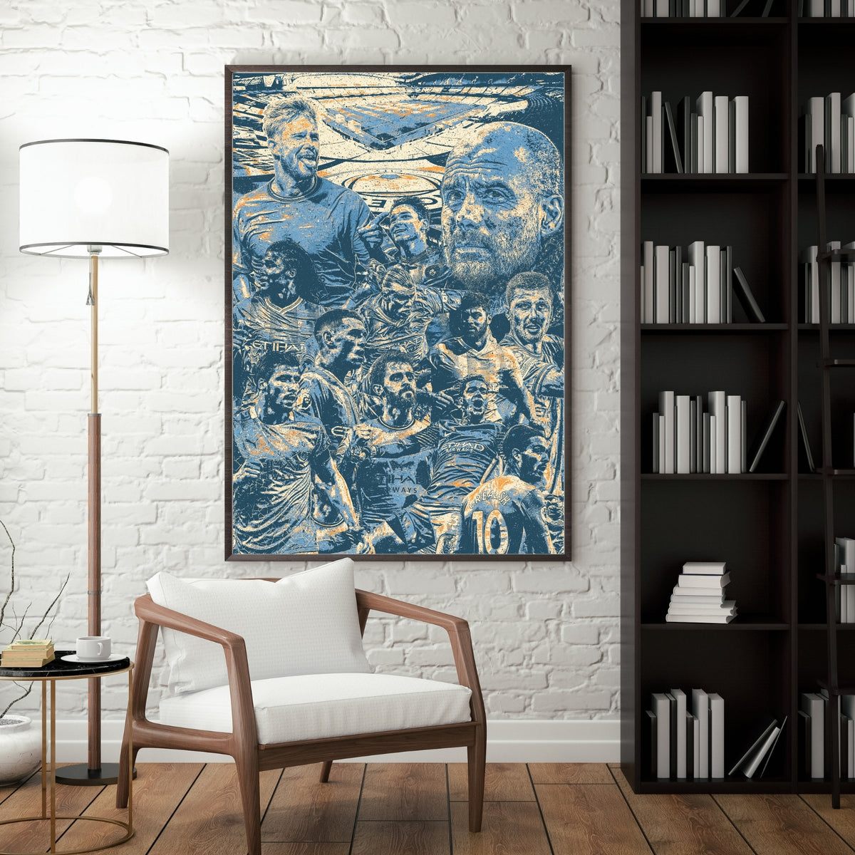 Manchester City legends poster displayed in a modern interior with a framed blue football collage