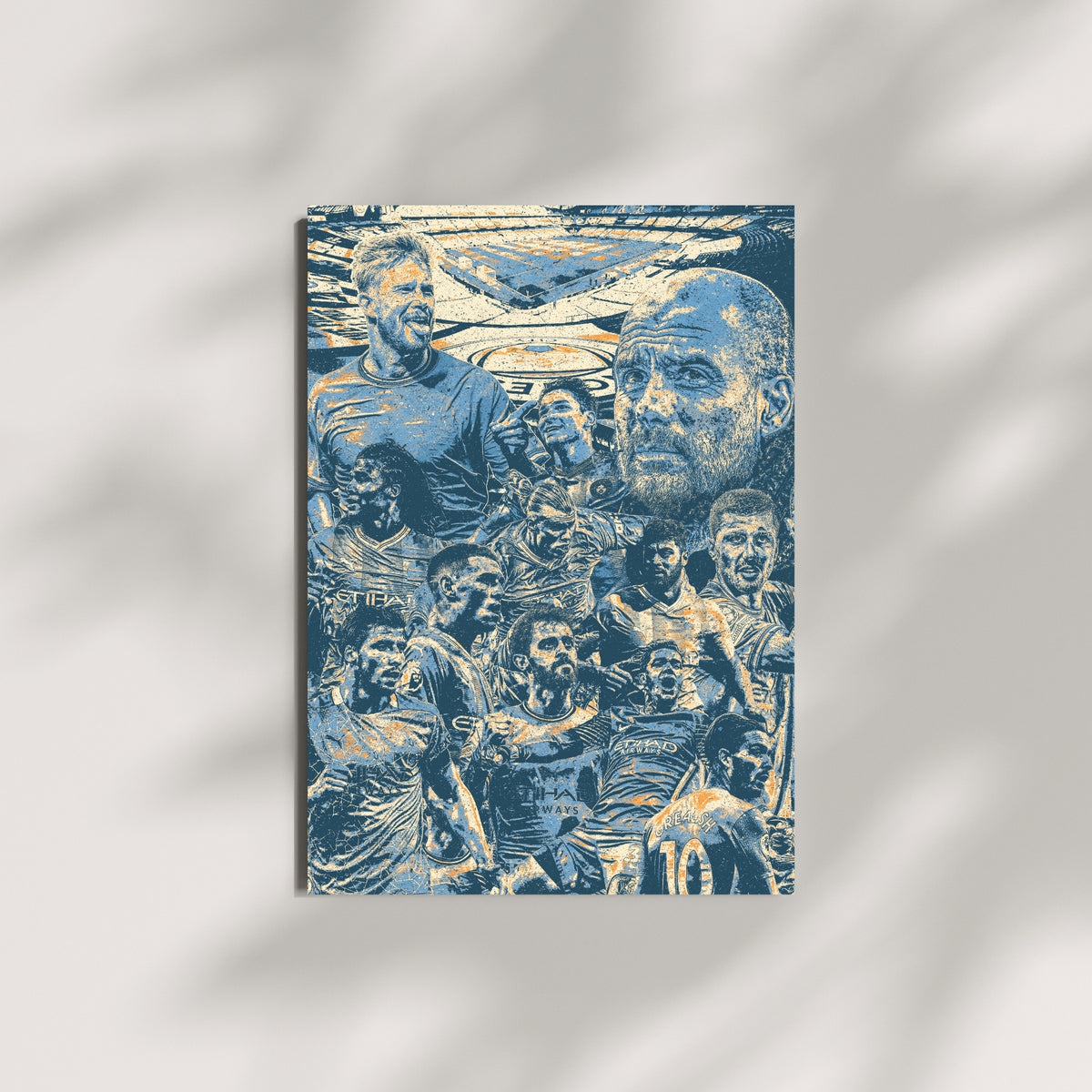 Manchester City legends wall art featuring players and Pep Guardiola in a blue retro collage design
