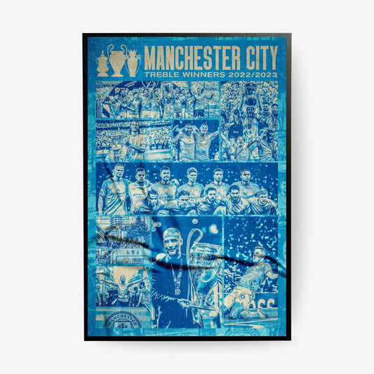 Manchester City Treble Winners 2022/23 football poster in a black frame