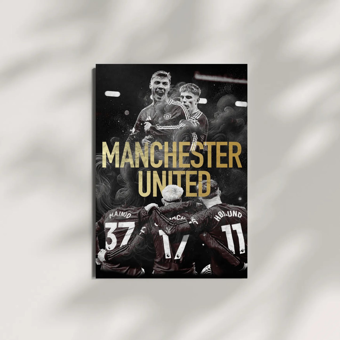 Premium Manchester United football art poster with smoke effect and gold text