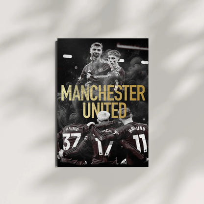 Premium Manchester United football art poster with smoke effect and gold text