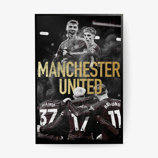 Manchester United football poster with players celebrating in black and gold design