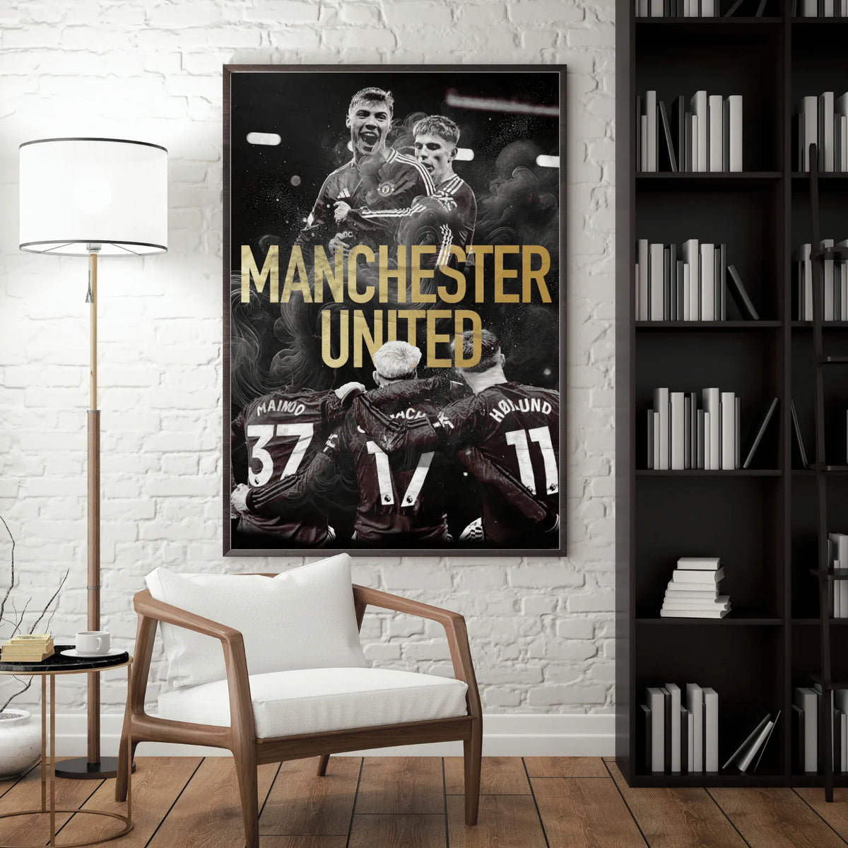Stylish Manchester United poster showcasing players embracing in celebration