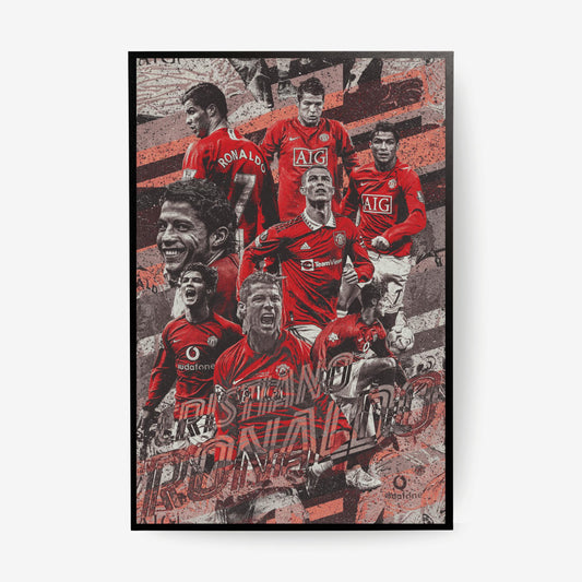 Wall art collage of Cristiano Ronaldo in Manchester United kit with multiple action shots.