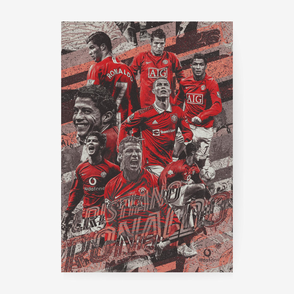 Minimalist Ronaldo Manchester United wall art design with a red and black theme.