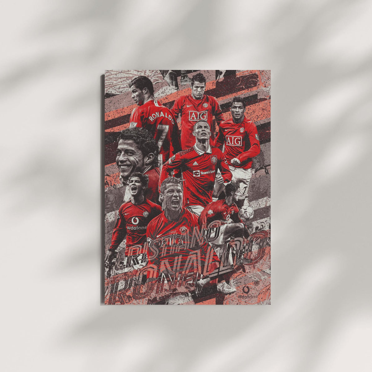 Artistic Manchester United Ronaldo wall print with dynamic poses and abstract background.