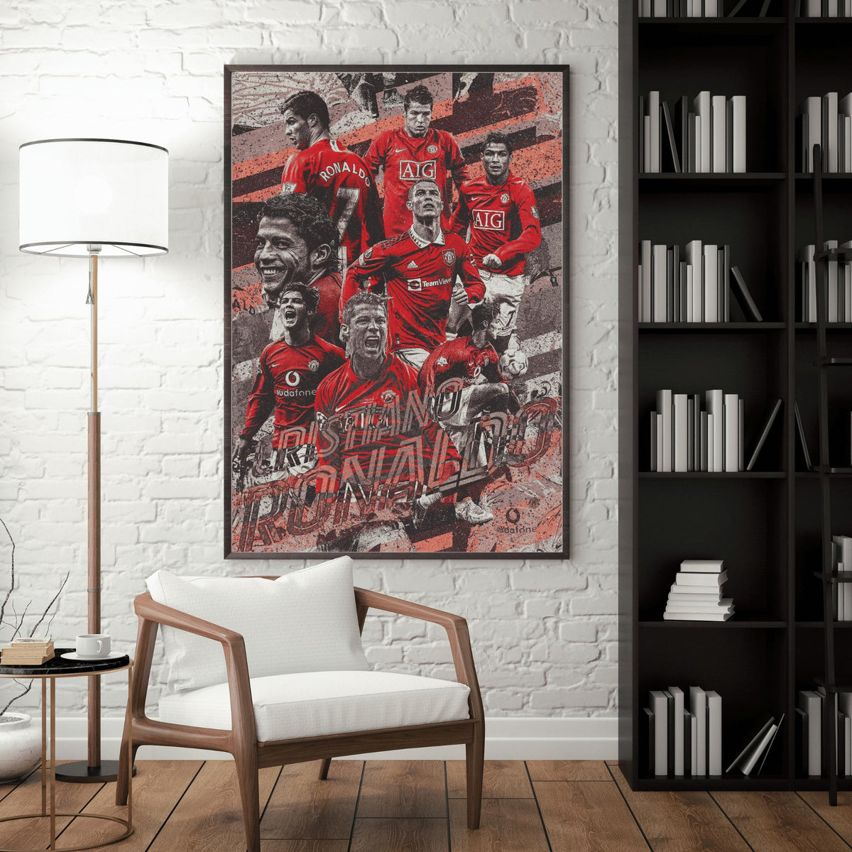 Large framed Cristiano Ronaldo Manchester United wall artwork displayed in a modern living room.