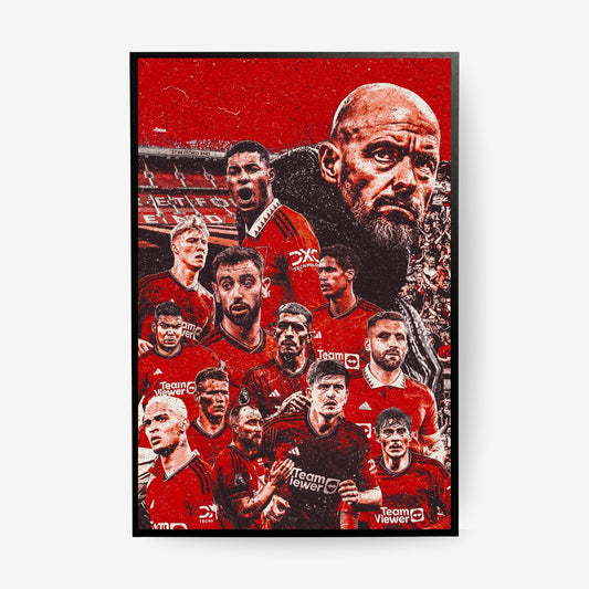 Manchester United squad poster in a black frame featuring players and manager in a red collage design