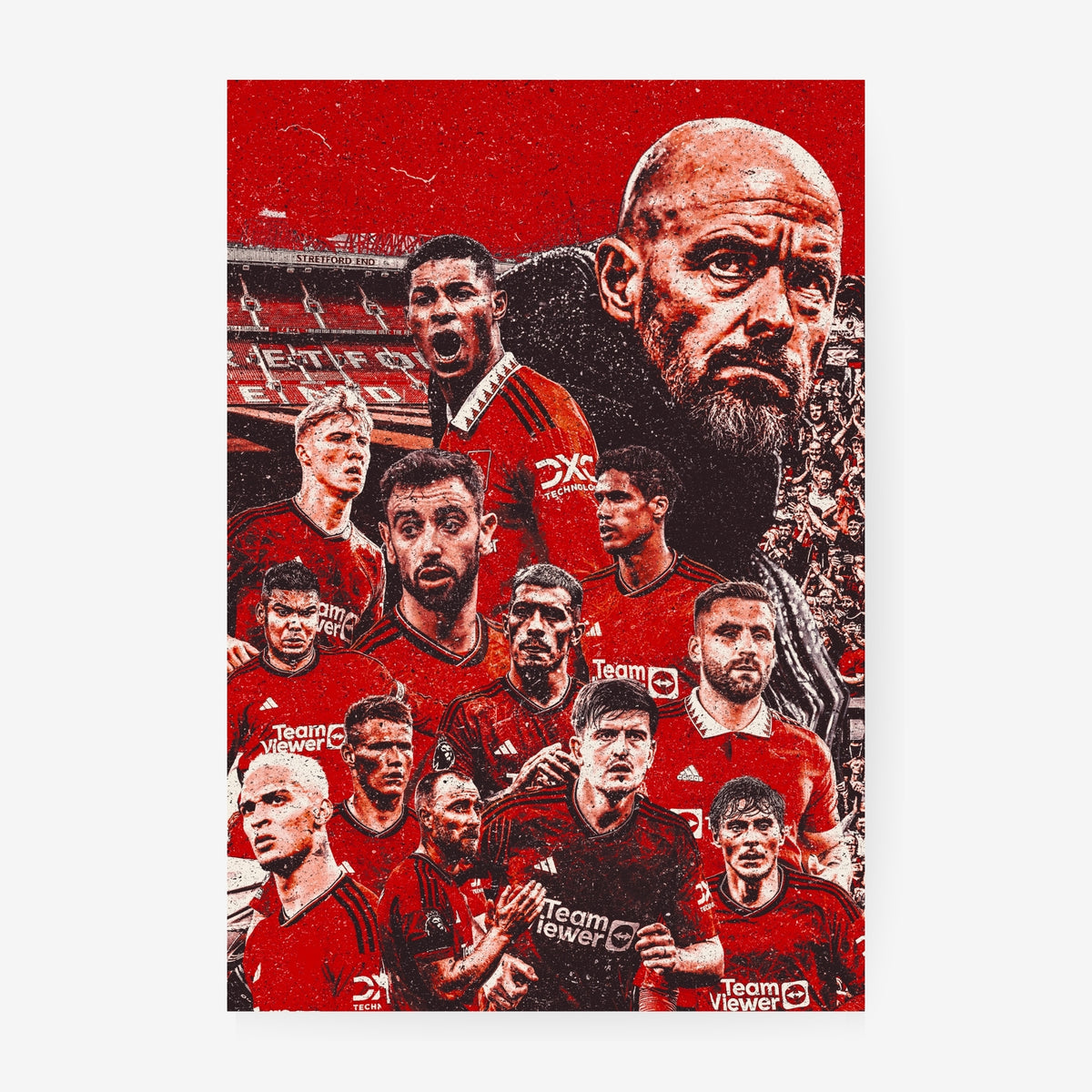 Manchester United squad poster featuring players and manager in a bold red football collage