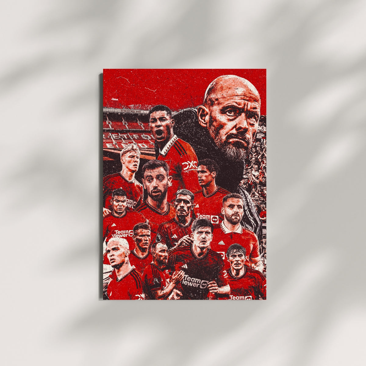 Manchester United squad wall art featuring players and manager displayed on a minimalist wall