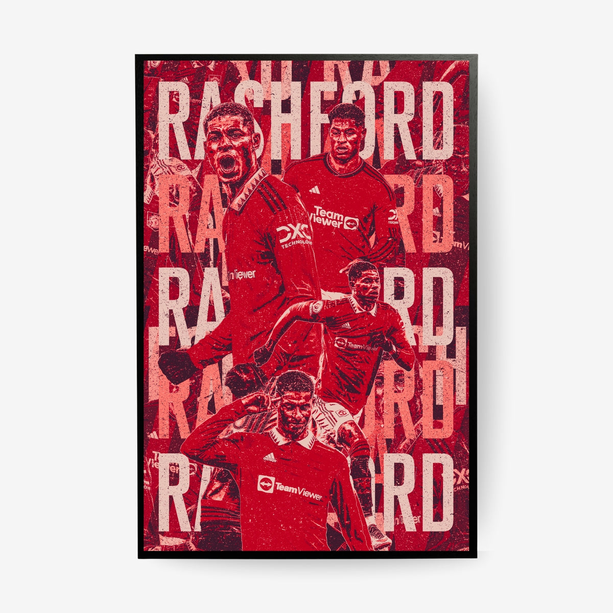 Marcus Rashford Manchester United poster in a black frame featuring a red vintage football collage