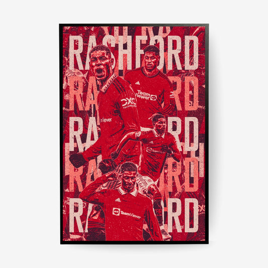 Marcus Rashford Manchester United poster in a black frame featuring a red vintage football collage