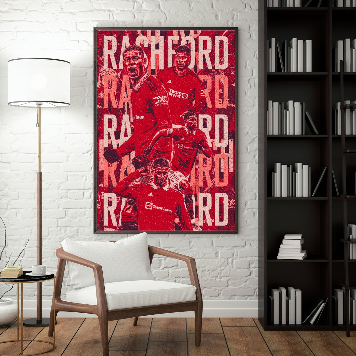 Marcus Rashford Manchester United poster displayed in a modern interior with a dark frame