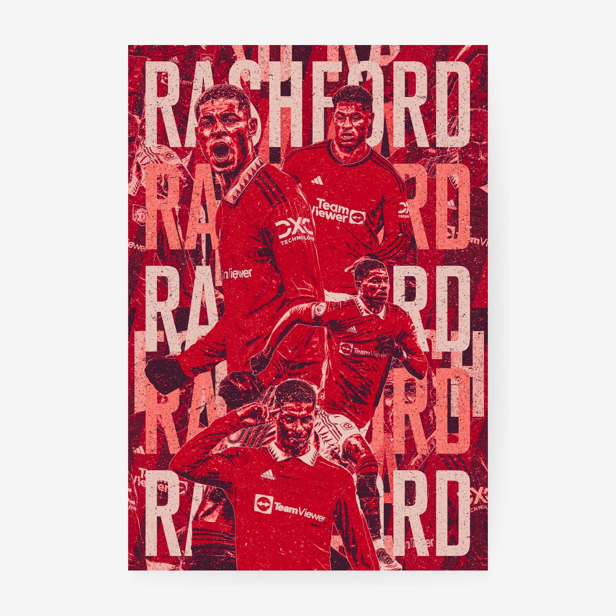 Marcus Rashford Manchester United poster featuring a red vintage football collage