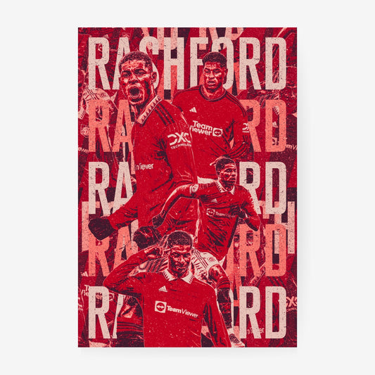 Marcus Rashford Manchester United poster featuring a red vintage football collage