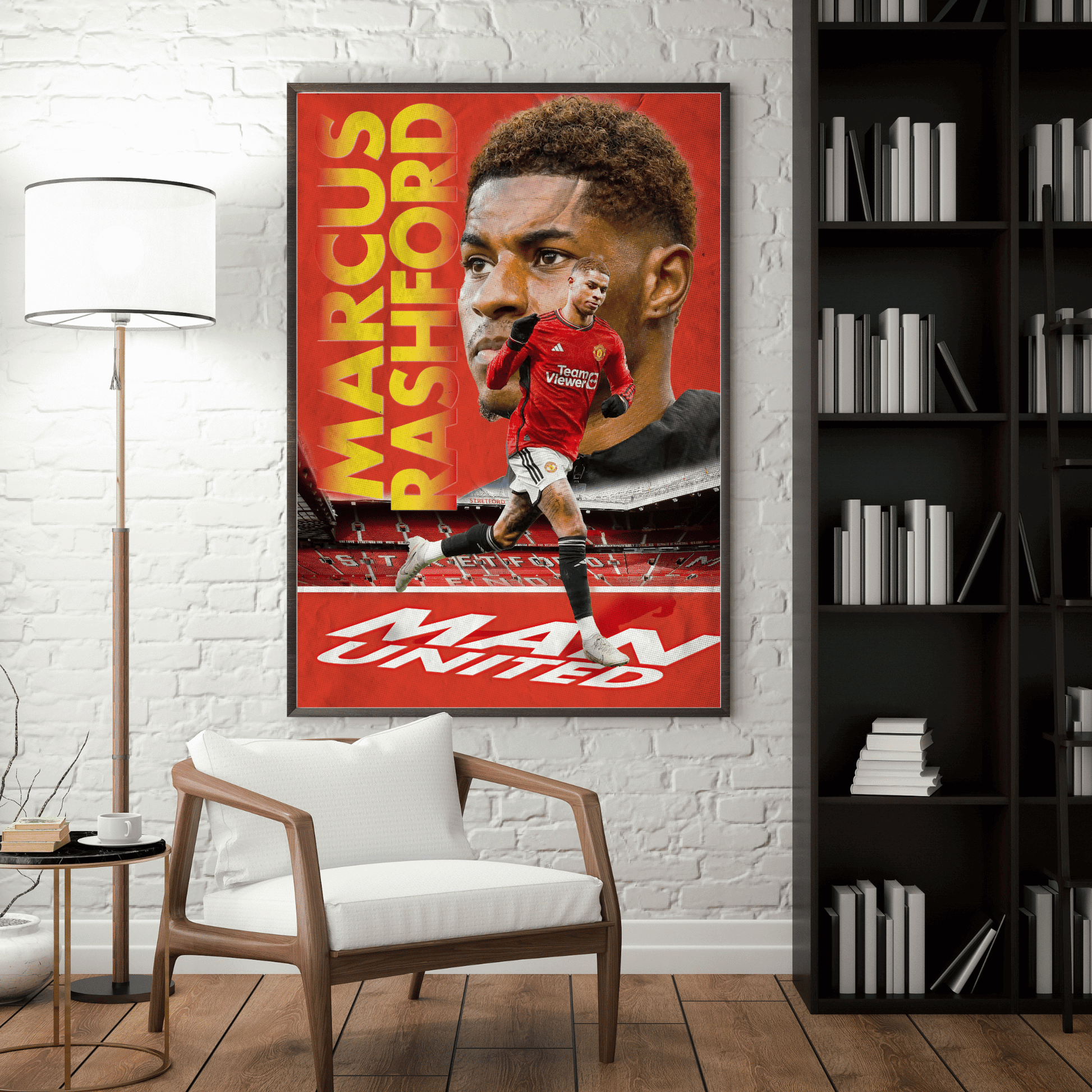 Framed poster of a soccer player with 'Man United' branding in a room with a white brick wall, chair, and bookshelf.
