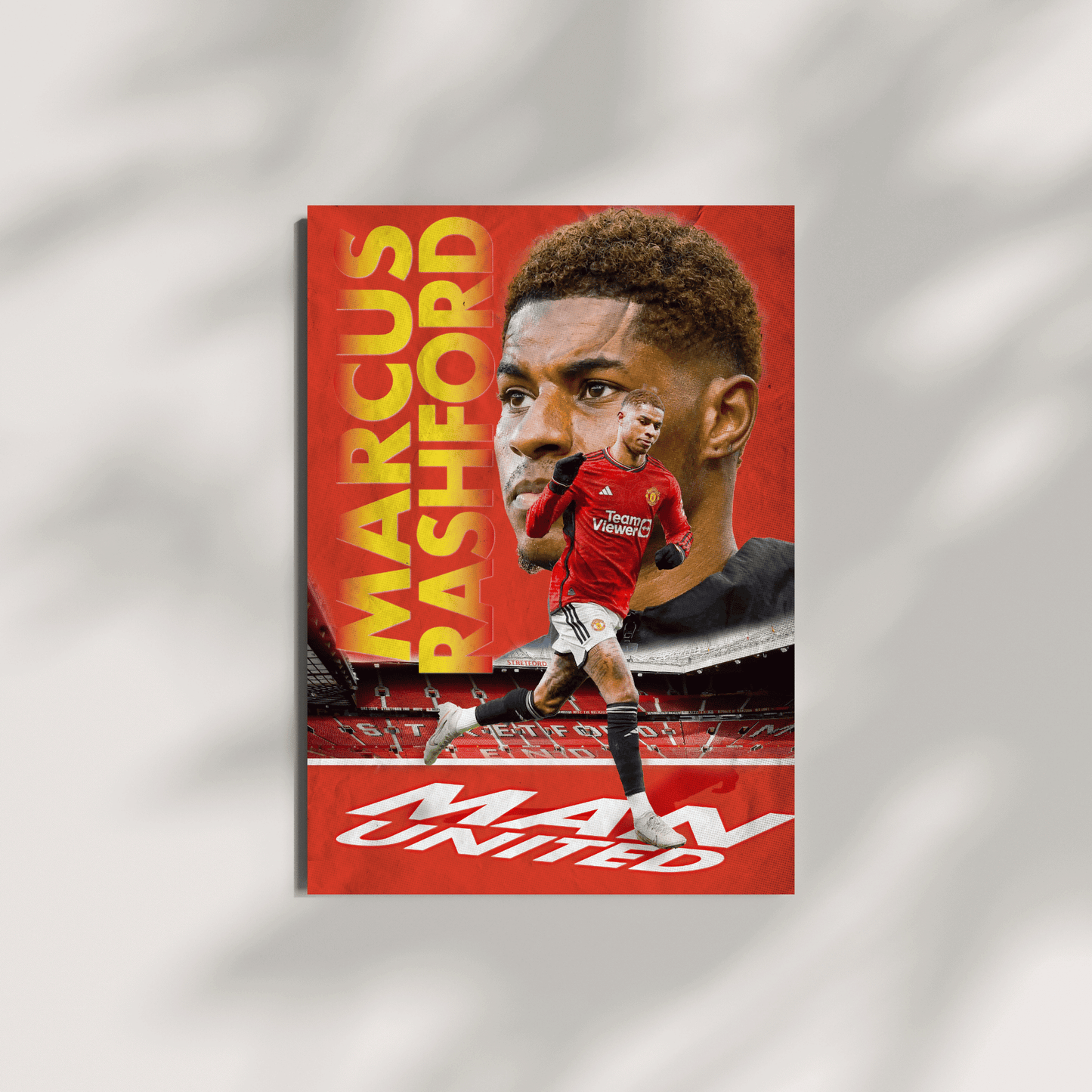 Canvas print with a soccer player in a red jersey on a red background with 'Man United' branding.