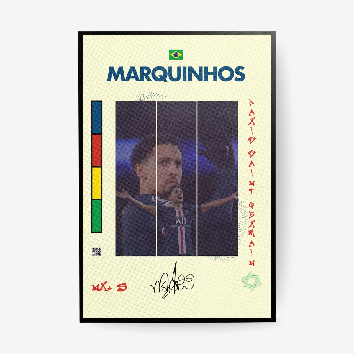 Marquinhos football poster in a black frame featuring Brazil and Paris inspired artwork