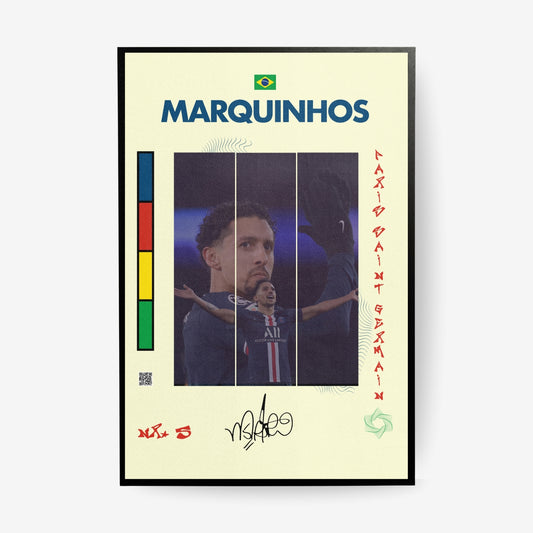 Marquinhos football poster in a black frame featuring Brazil and Paris inspired artwork