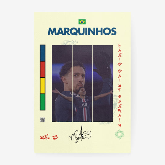 Marquinhos football poster featuring Brazil colors and Paris inspired design