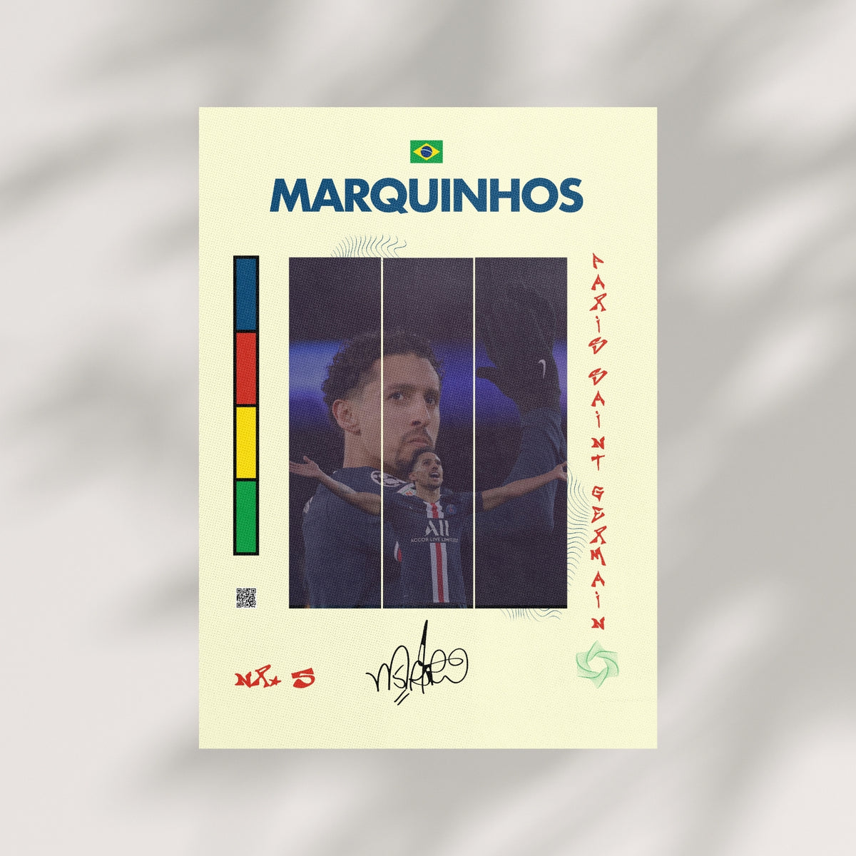 Marquinhos football wall art featuring Brazil colors and Paris inspired artwork