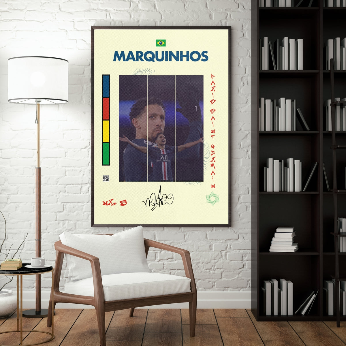 Marquinhos football poster displayed in a modern interior with a dark frame