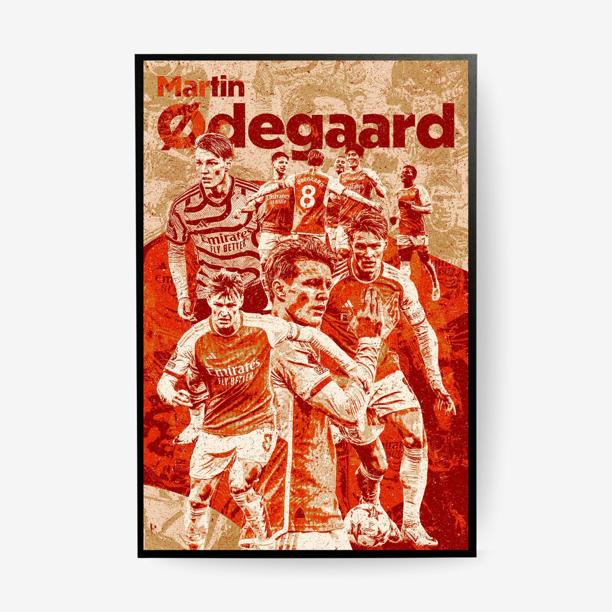 Martin Odegaard Arsenal poster in a black frame featuring a red and cream vintage football collage